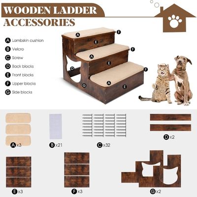 3 層 木製 犬 の 階段 固木 の ペット ステップ 防滑 敷き布団 と 洗える カーペット