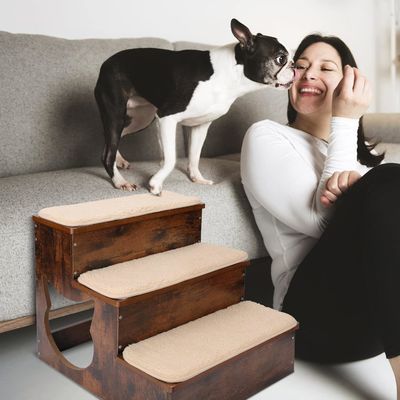 3 層 木製 犬 の 階段 固木 の ペット ステップ 防滑 敷き布団 と 洗える カーペット