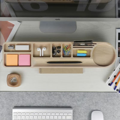 オフィス デスク オーガナイザー 鉛筆ケースとカスタマイズされたロゴ 木製 キャディ 電話スタンド