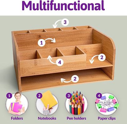 バンブー木製 デスクオーガナイザーとファイル格納 オーダーメイドロゴでオフィス用品を整理