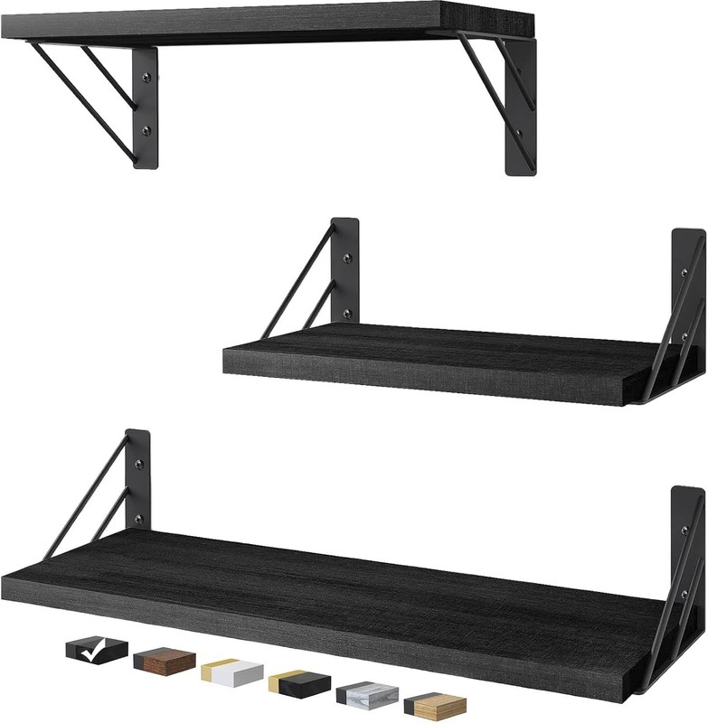 セット 3 現代の調整可能な黒の壁にマウントされた木製の浮遊棚