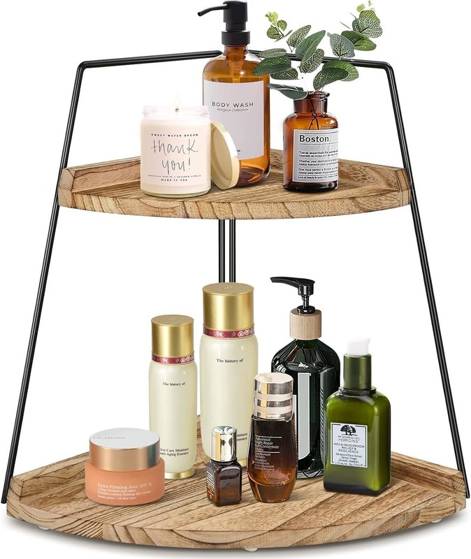 木製 浴室 カウンター オーガナイザー 2 階 コーナー シェルフ 保存 組織