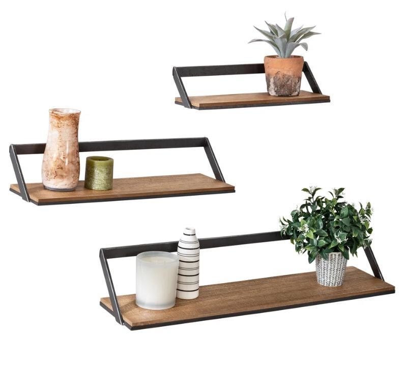 カスタマイズされたロゴ ホームデコレーションセット 3 黒/天然木製壁棚 吊り展示棚