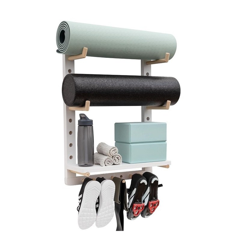 完全にカスタマイズ可能なホームジム壁掛けのための便利な木製ヨガマットオーガナイザー