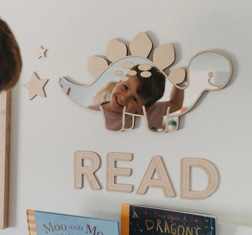 オーダーメイドロゴ 木製恐竜形枠鏡 木製枠と木製