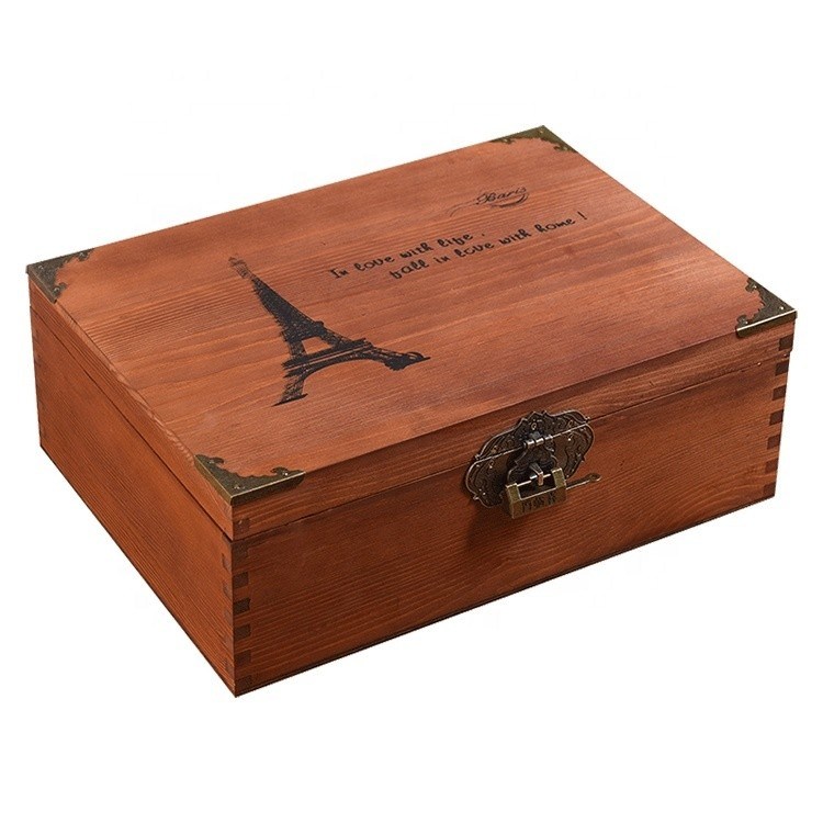 塗装 ハンドリング ヴィンテージ スタイル 鍵付き 木製の小さな結婚式写真箱