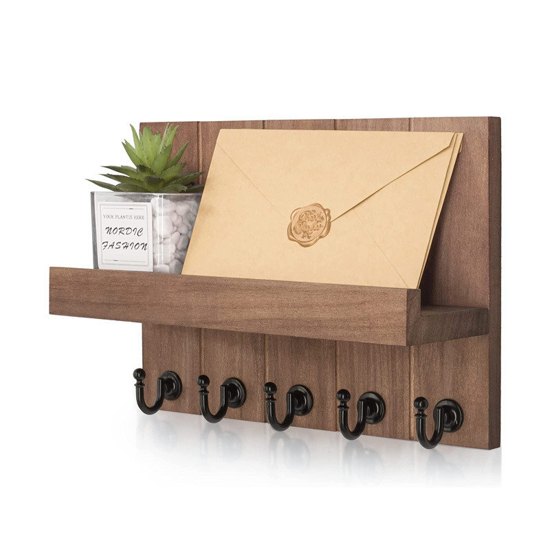 木製のキーホルダー 4つのキーフックと壁マウント浮遊棚 バンブーキーオーガナイザー