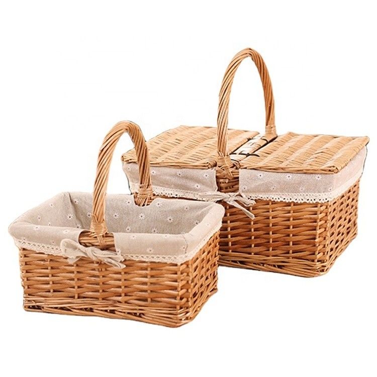 農村風 手織り キューブ ワイカー ガーデン ピクニック 収納バスケット ハンドル 30x20x15cm 備品