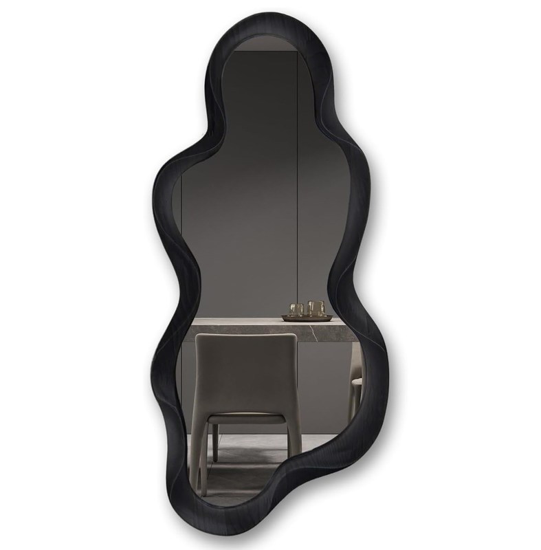 美しい家庭装飾 黒い木製枠と現代風呂の装飾の不規則な壁鏡